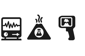 Volcanic monitoring icon set, solid filled vector of volcanic monitoring tools including seismograph, gas analyzer, thermal imaging camera, geophysical instrumentation symbols
