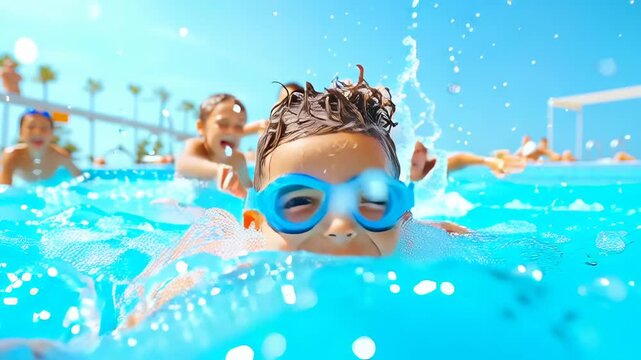 Energetic boy wearing blue swimming goggles laughing while swimming in turquoise pool with other children. Water splashing, summer fun moment captured with dynamic camera motion.