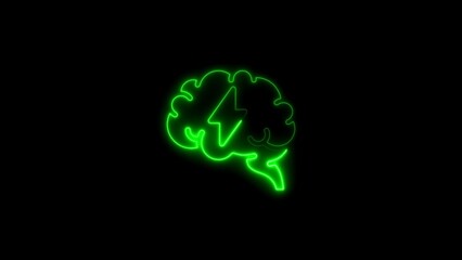 Green neon brain silhouette with lightning bolt symbol representing idea and innovation