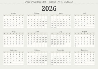 2026 year english annual vector calendars. illustration. Week starts monday