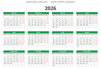 2026 english annual year calendar. illustration. Week starts monday