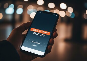 Smartphone Login Attempt Detected, Nighttime Bokeh Background, Security Alert