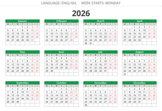 2026 english annual year calendar. illustration. Week starts monday