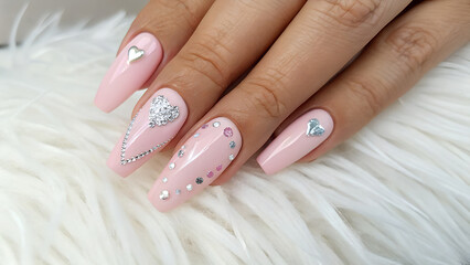Elegant Pink Coffin Nails with Silver Heart and Rhinestone Nail Art