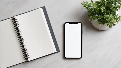 White Marble Workspace Flatlay with Notepad, Phone, and Plant