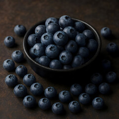A bowl filled with fresh blueberries, with more scattered around it on a rustic, dark surface