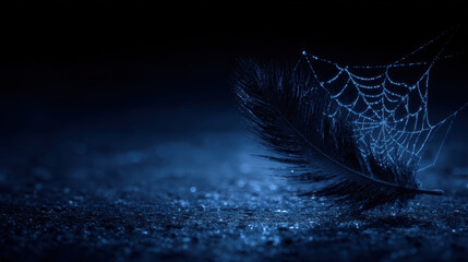 Naklejka premium Still life of dark feather with spider web covered in dew drops glistening in blue light creating mysterious halloween mood