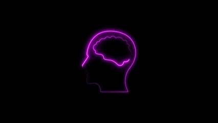 Neon brain silhouette in a human head depicting intelligence and mental processing