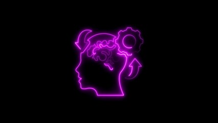 Neon pink brain and gear illustration representing thought and process on black background