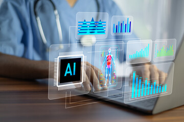 Doctor technology AI supports preventive healthcare by predicting disease risks early, guiding...