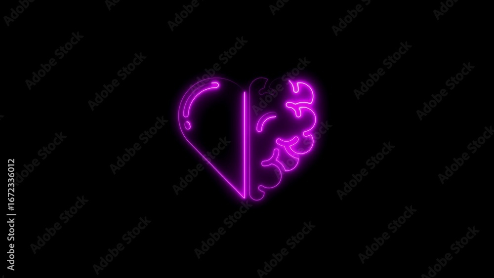 Poster artistic glowing neon heart and brain symbolizing balance between emotion and logic