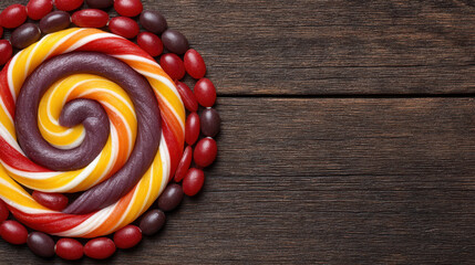 Halloween candy still life features colorful spiral lollipop and red and purple jelly beans on rustic wooden background