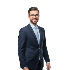 Professional businessman in a suit smiling confidently against a dark backdrop transparent background