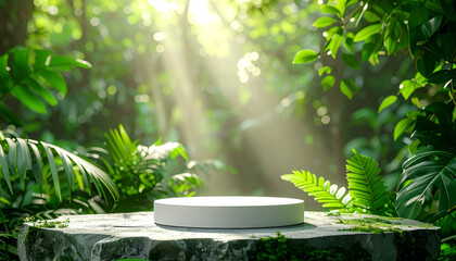 White round podium mockup on stone base surrounded by lush green forest foliage. Close-up.