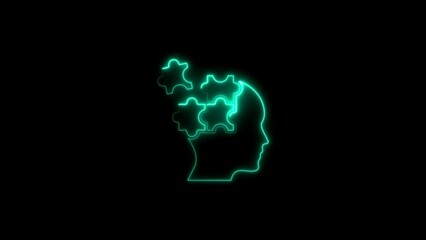 Neon green silhouette of a head with puzzle pieces representing thought and ideas