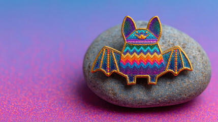 Halloween bat pin with colorful zigzag pattern resting on smooth stone still life with vibrant purple and blue background creating lively mood