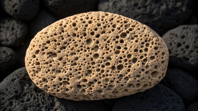 Close up of a porous, light brown pumice stone surrounded by dark volcanic rocks textured