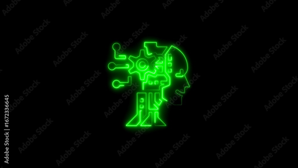 Poster Glowing green artificial intelligence head representing futuristic technology and machine learning