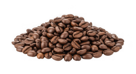 A mound of freshly roasted coffee beans piled on a black background pile of coffee beans caffeine isolated on a transparent background