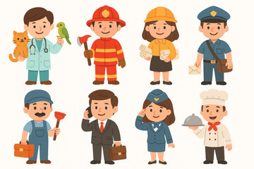 Cartoon Professions Characters Set in Cute Flat Vector Style