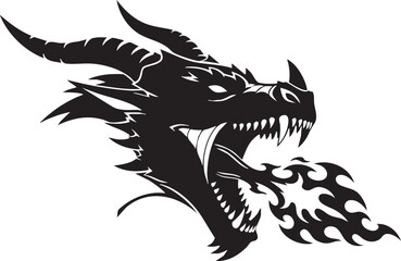 Vector illustration of a dragon head breathing fire in black and white