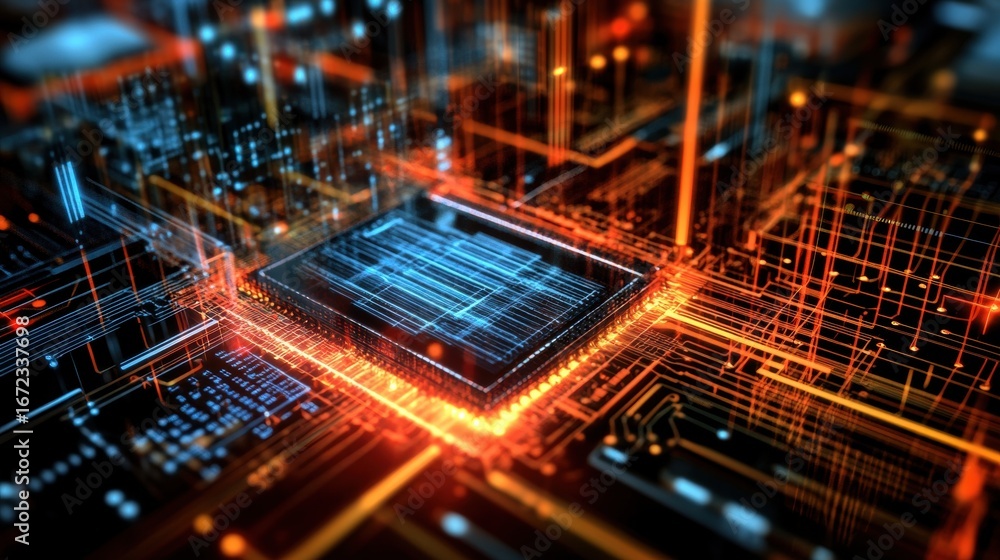 Poster exploring intricate circuitry and technology in a digital world of innovation