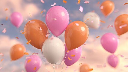 Colorful balloons and confetti in the sky.