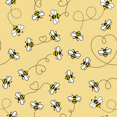 Seamless cute bee pattern with flying bees and dotted heart trail on yellow background for adorable t shirt design fabric print and digital artwork