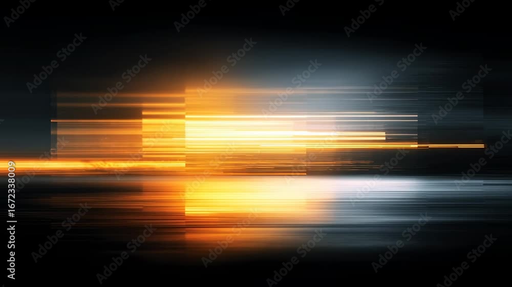 Poster abstract dark background with orange light trails moving horizontally. data visualization and digita