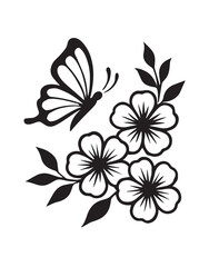 Black silhouette of a butterfly flying near three flowers and leaves floral