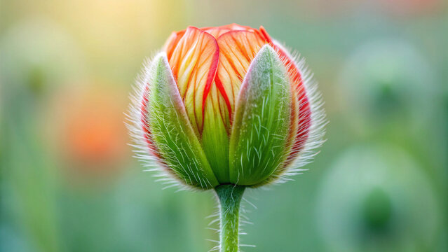 Close-up of a Red and Orange Poppy Bud with Hairy Stem flower bloom - Powered by Adobe