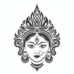 Goddess Durga Face Stencil. Hindu Deity for Durga Puja and Tattoo Design.