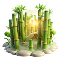 Obraz premium Enchanting bamboo grove with sunbeams filtering through lush green stalks and misty atmosphere