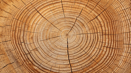 Naklejka premium Close-up of a tree stump cross-section showing growth rings and cracks wood timber