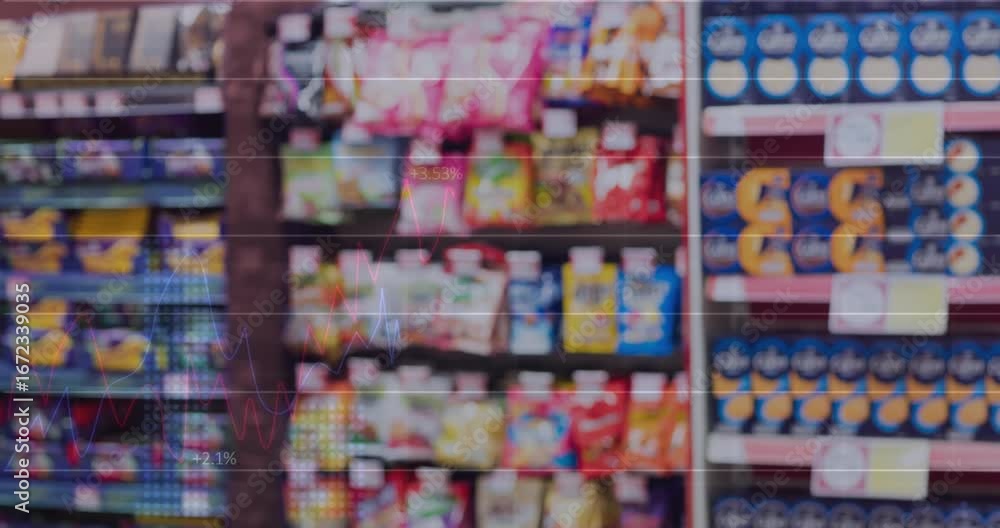 Aufkleber animation of statistical data processing against consumer products on the shelves at a grocery store