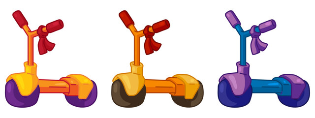 Cartoon Kids Scooter Collection. Set of colorful kids scooters in cartoon style. Flat illustration on white background.