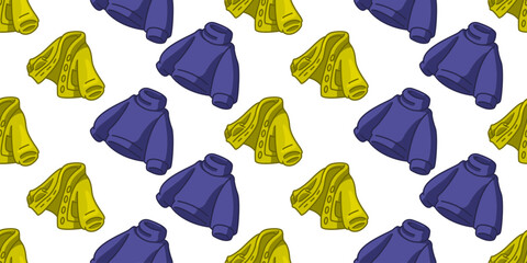 Seamless Cartoon Sweater Cardigan Pattern. Blue sweaters and yellow cardigans in cartoon style. Flat seamless pattern on white background. © pepiyoinlo