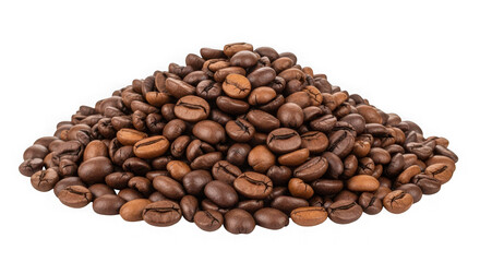 Naklejka premium A pile of roasted coffee beans with a dark brown color and visible cracks on a black background isolated on a transparent background