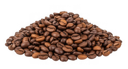 A pile of roasted coffee beans with a dark brown color and visible cracks on a black background isolated on a transparent background