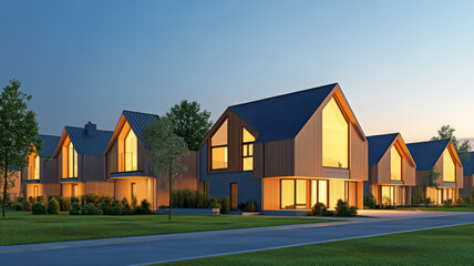 Obraz premium Modern house, glowing window, residential street, evening, contemporary home