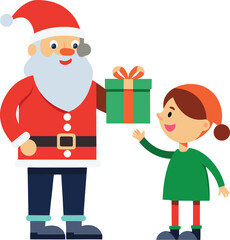 Vector art of santa claus giving a christmas gift to a happy child dressed as an elf