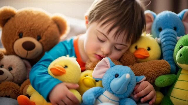 Kid with down syndrome lying among many toy animals, childhood fun concept. Happy boy playing with soft stuffed toys footage.