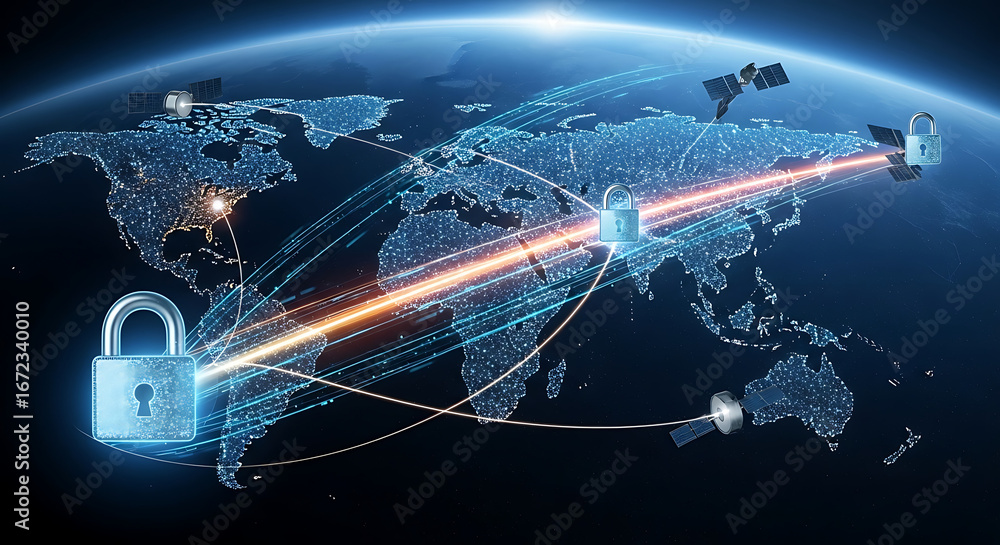 Poster secured global network with satellites and data streams across a world map background design ai gene