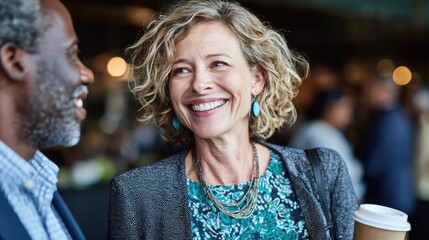 Happy Middle Aged Woman Wearing Blue Jewelry Smiling in Social Gathering