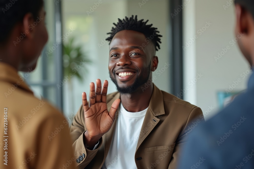 Poster remarkable african man with disabilities utilizing advanced ai technology for sign language interpre