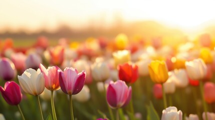 Vibrant tulip field in bloom during golden hour near a picturesque landscape