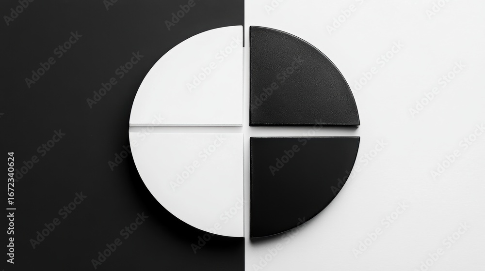 Poster minimalist black and white pie chart with a modern design for data visualization.