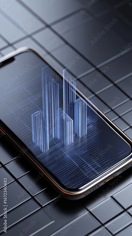 Poster 3d hologram-style chart floating above a simple moving average indicator for data visualization.