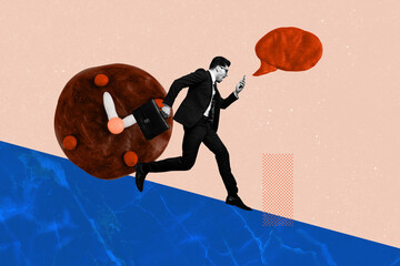 Banner 3d art pop image collage of serious businessman run bubble time management late punctuality...