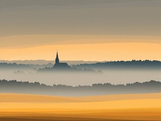 Silhouette of distant cathedral spire in misty golden sunrise valley with autumn forest hills, foggy morning inspirational peaceful seasonal landscape religion spirituality concept background